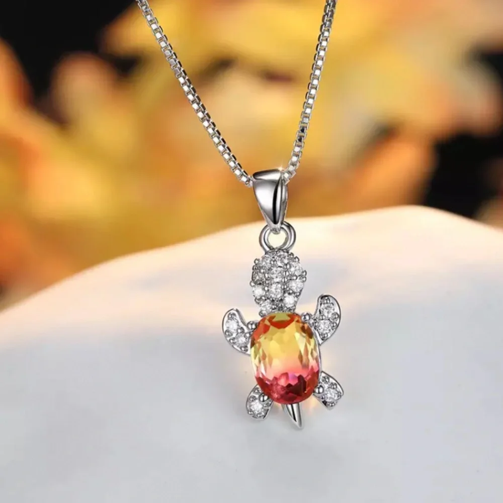 Sterling Silver Rainbow Zircon Stone Pink Yellow Turtle Pendant Necklace - Picture 1 of 4